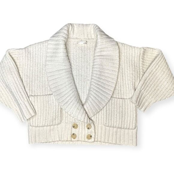 BY ANTHROPOLOGIE Women’s Ivory Cream Shawl Collar Button Front Cropped Cardigan - Picture 2 of 6